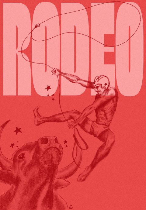 Affiche « Rodeo » en lettres roses sur fond rouge, avec une illustration de cavalier au lasso.
