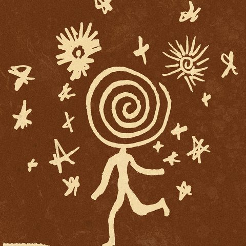 Visuel Lucien Belcourt, spirale et étoiles crème sur fond brun.