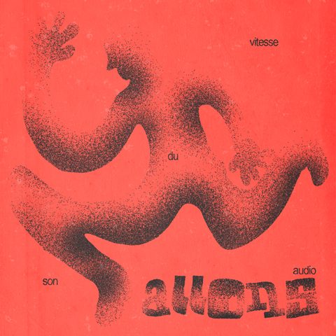 Visuel Lucien Belcourt, forme tramée rouge sur fond corail.