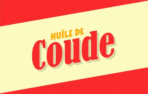 Logo Huile de Coude en lettres rouges sur fond jaune pâle.
