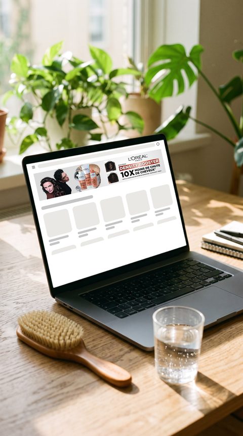 Mise en situation : bannière L’Oréal Paris Density Booster en haut d’une page web, sur un ordinateur portable près d’une fenêtre.