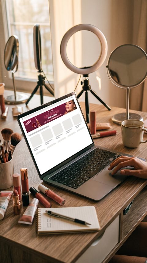 Mise en situation : bannière NYX Lip Lingerie en haut d’une page web, sur un ordinateur posé sur une coiffeuse.