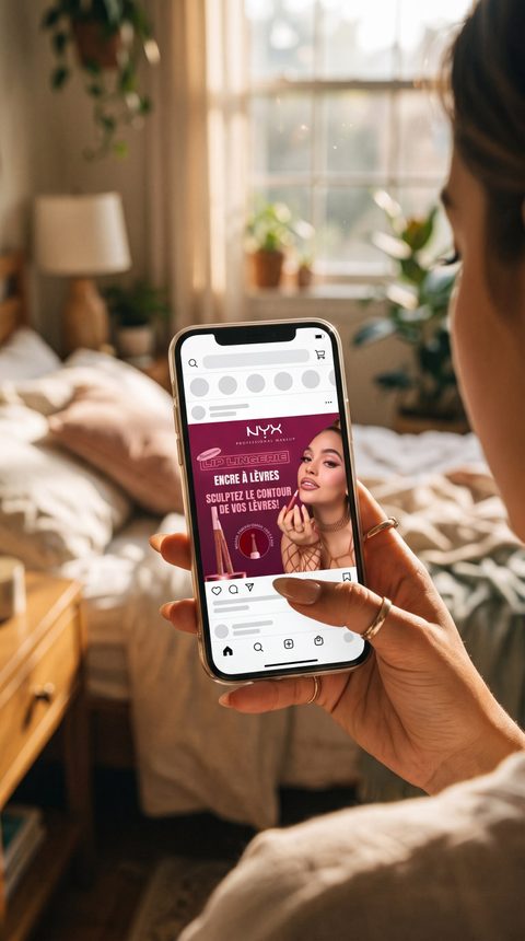 Mise en situation : bannière NYX Lip Lingerie consultée sur un téléphone, vue par-dessus l’épaule.