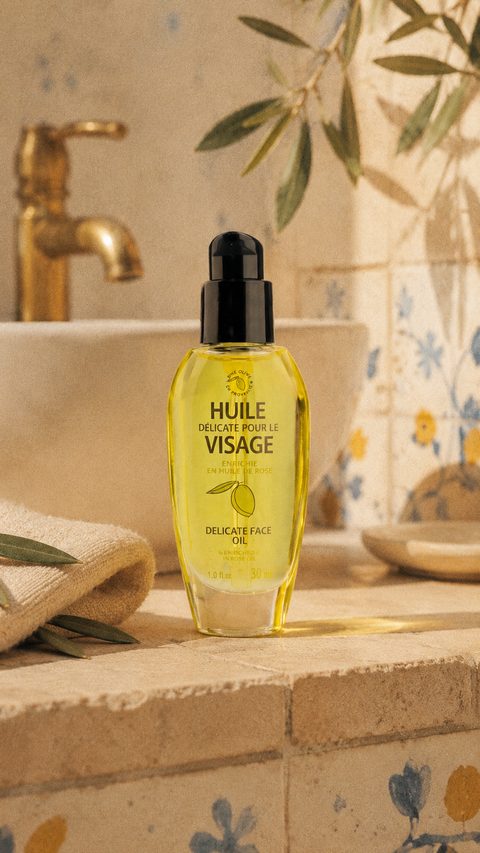 Flacon d’huile visage Une Olive en Provence posé sur un plan de vasque en pierre.