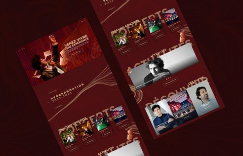 Trois vues inclinées de la landing page : programmation, prochains concerts, actualités et section « Découvrir ».
