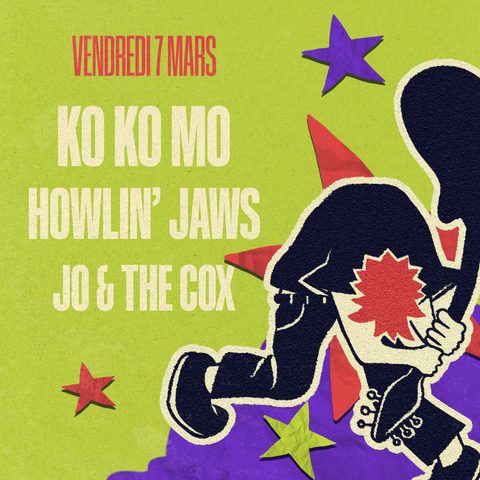 Affiche du W.I.M Fest annonçant Ko Ko Mo et Howlin’ Jaws, sur fond vert.