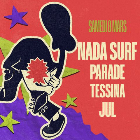 Affiche du W.I.M Fest annonçant Nada Surf, avec une illustration de personnage et des étoiles violettes et jaunes sur fond rouge.