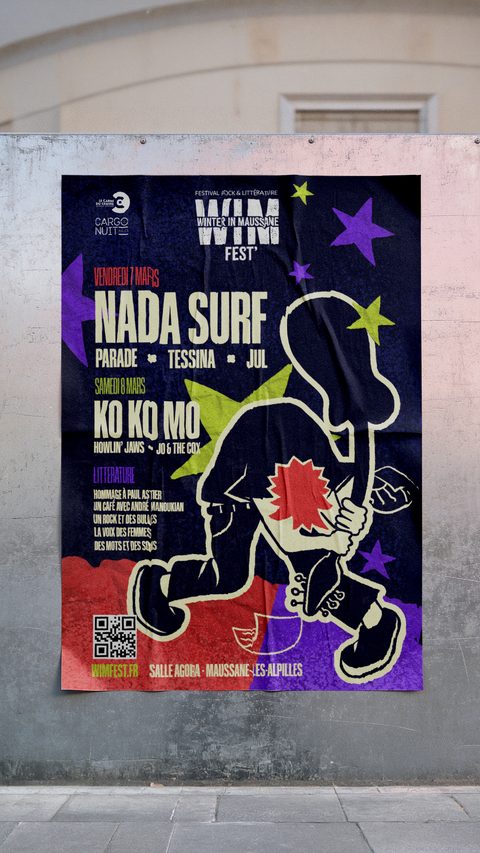 Affiche du W.I.M Fest collée sur un mur dans la rue.